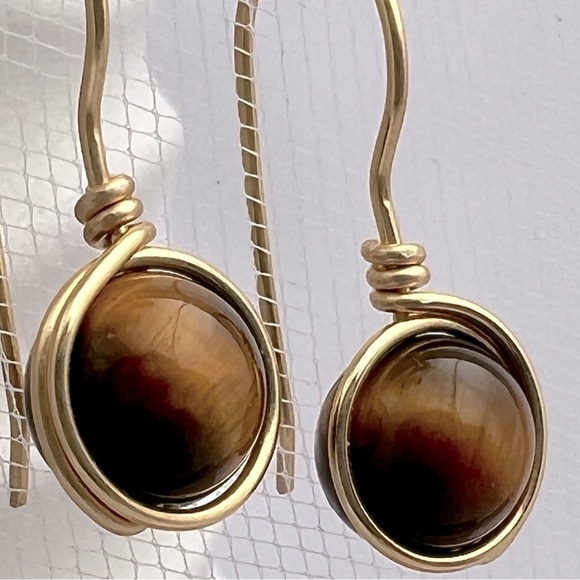 Tigers Eye Gold Wire Wrapped Minimalist Earrings - Picture 2 of 12
